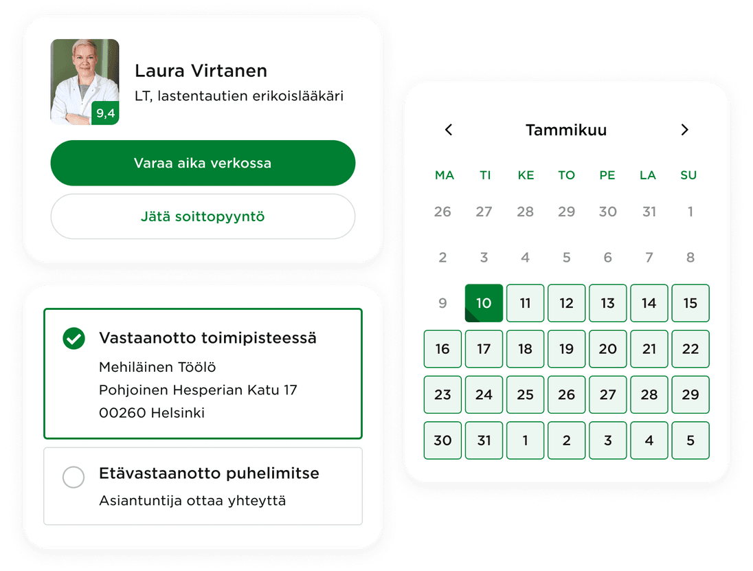 Esimerkkejä siitä millaisia näkymiä verkkoajanvarauksessa voi olla.