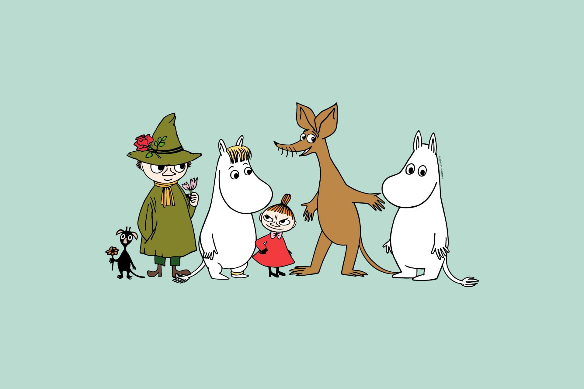Mumindalens karaktärer i rad. På bilden finns från vänster till höger en liten svart varelse, Snusmumriken, Snorkfröken, Lilla My, Sniff och Mumin.