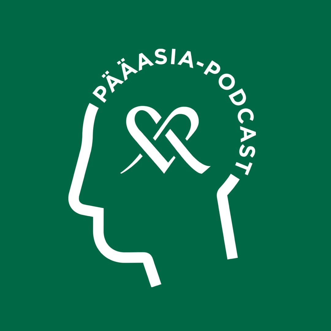 A white *Pääasia* podcast logo on a green background, featuring text shaped like a human head and the Mehiläinen heart symbol in the center.