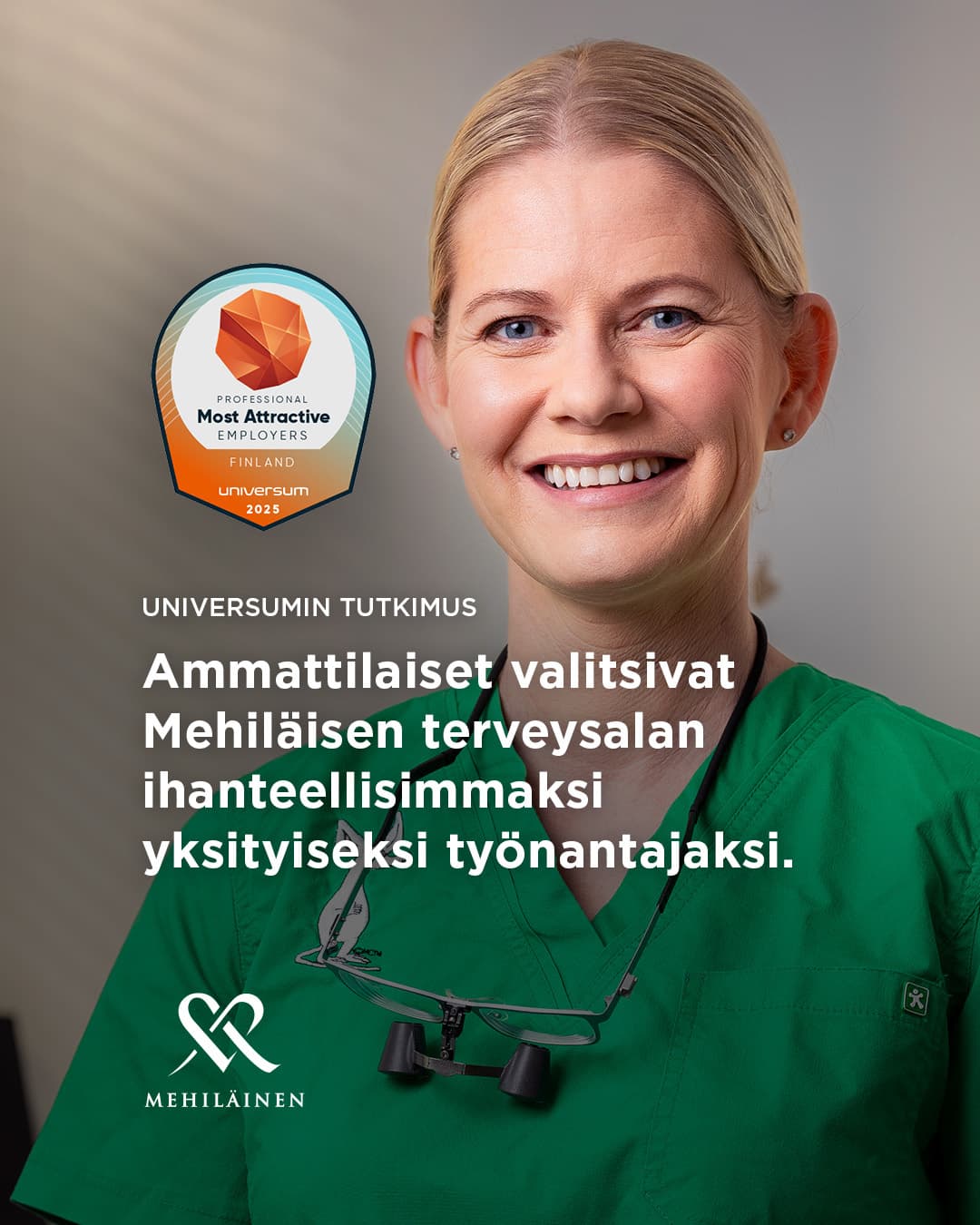 I bakgrunden en sjukskötare från Mehiläinen och i förgrunden text om Universum-tävlingen