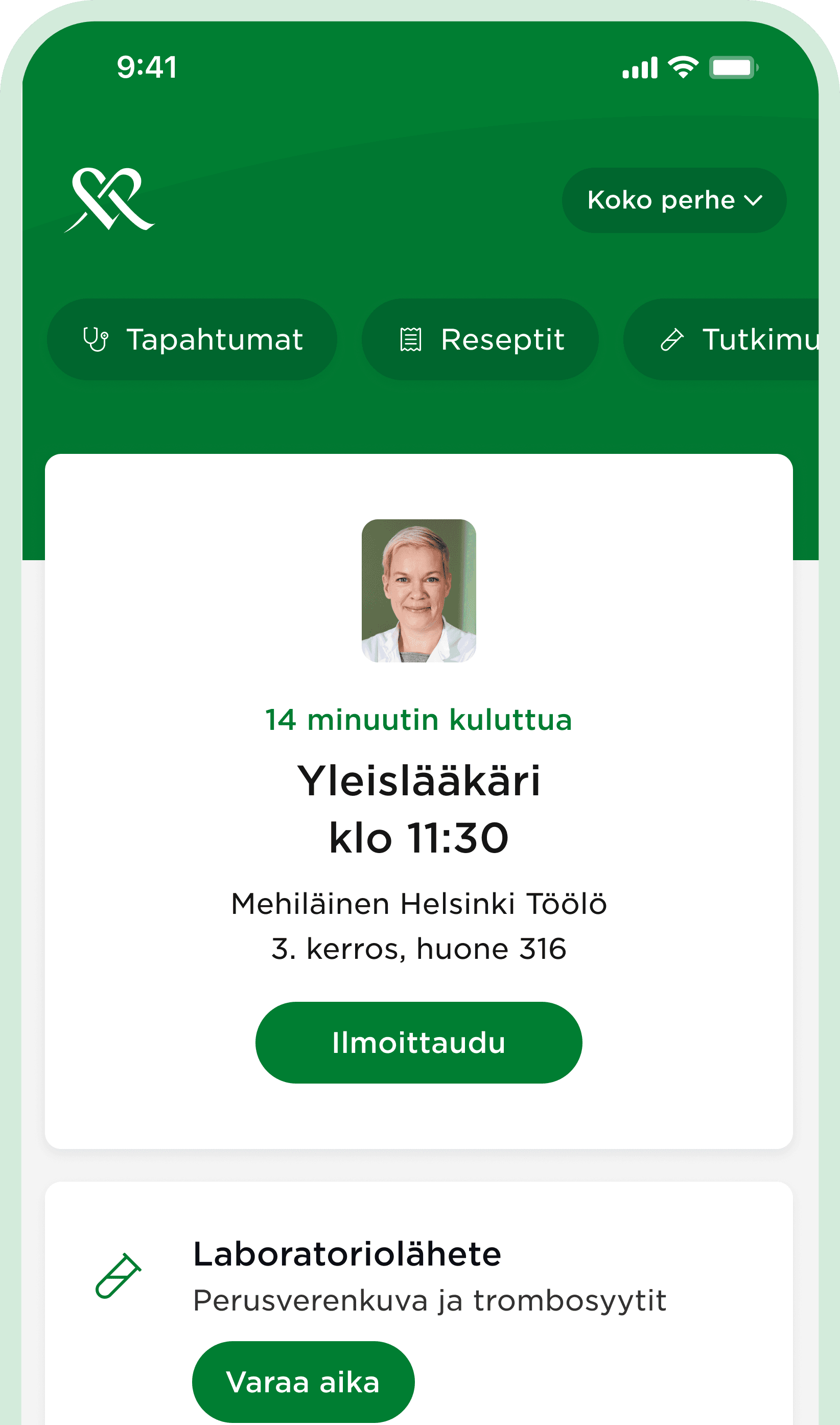 Kuvakaappaus OmaMehiläinen-sovelluksen näkymästä puhelimen ruudulla.