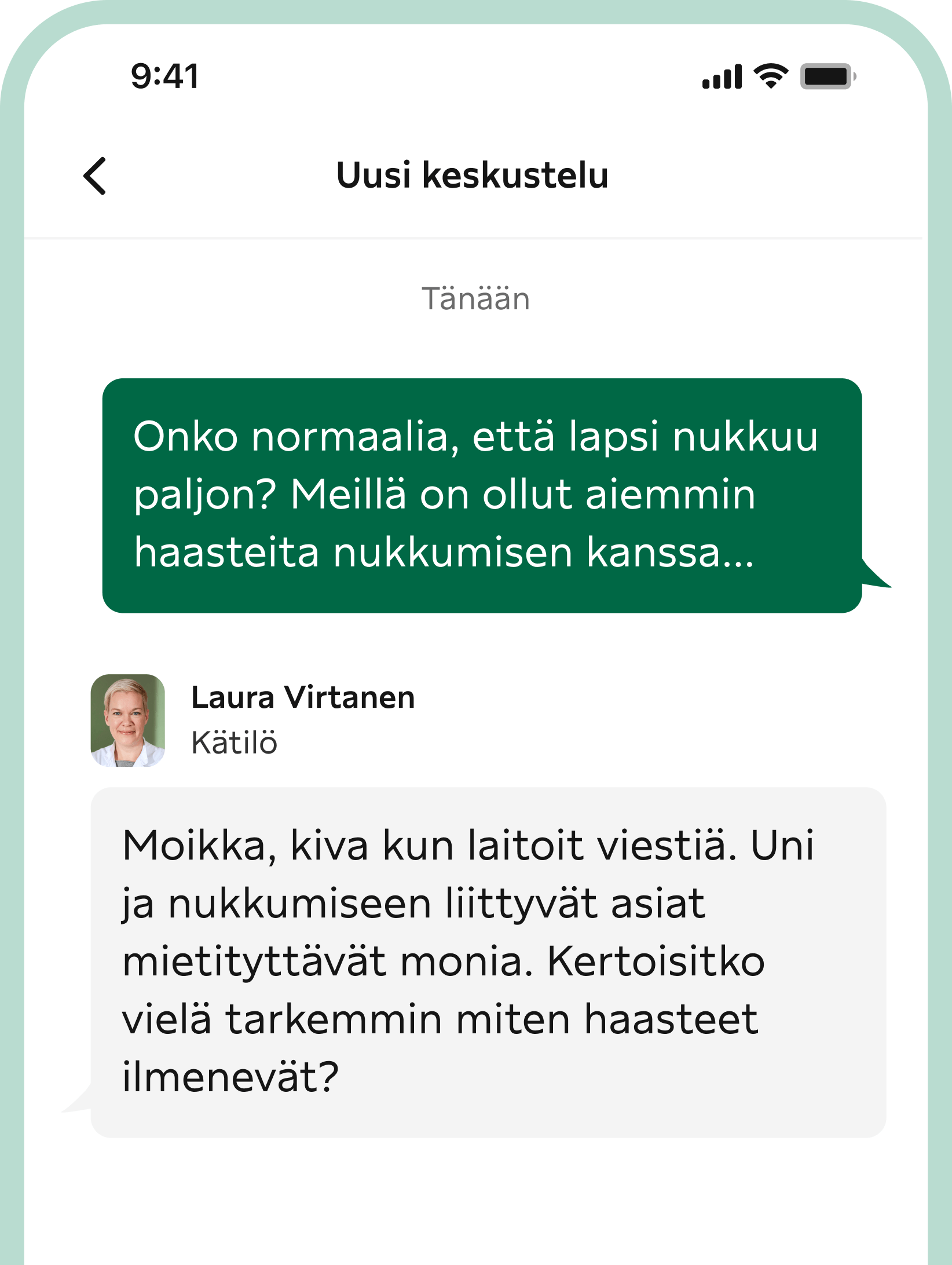 Kuvakaappaus puhelimen ruudusta Digineuvolan keskustelusta kätilön kanssa.