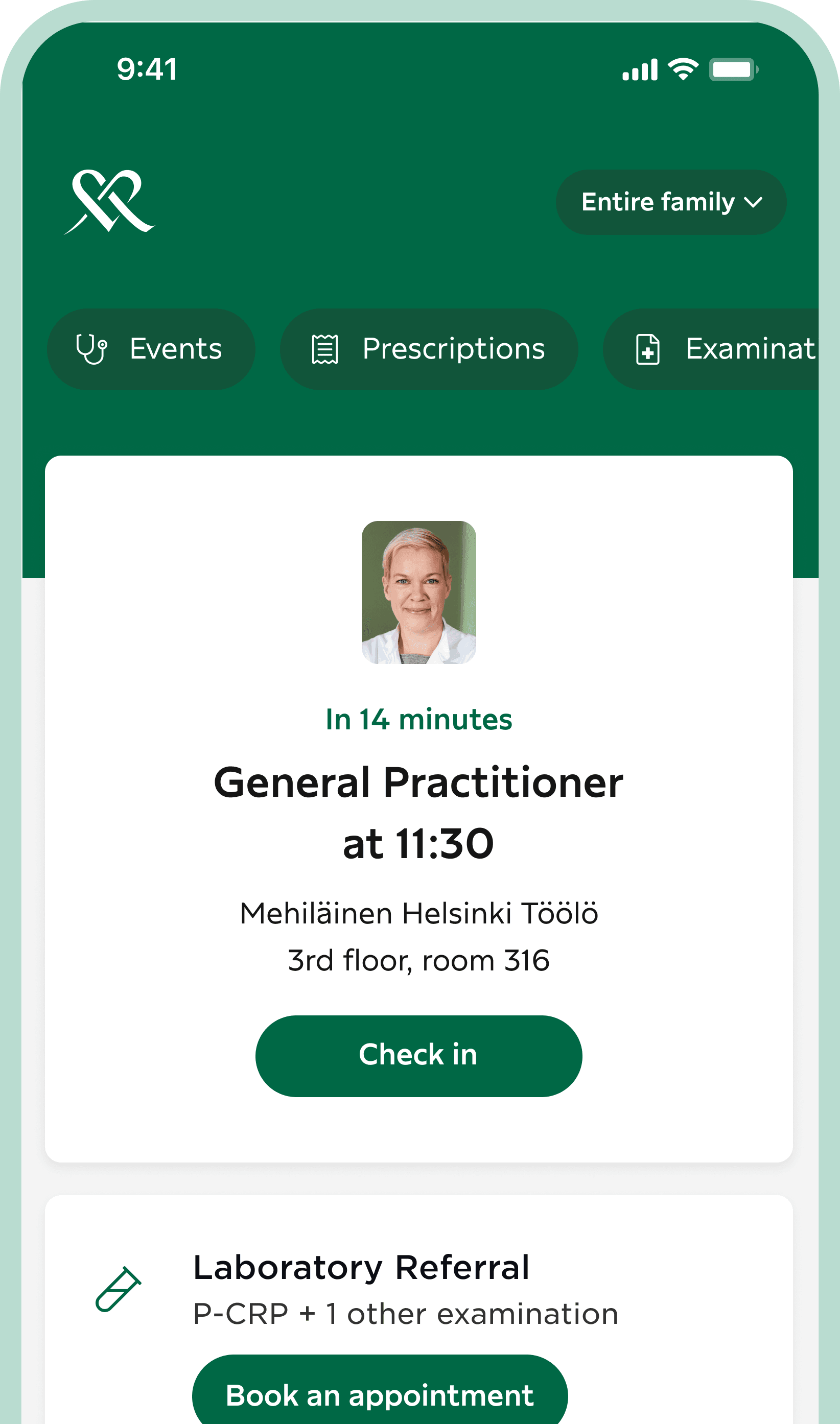 Screenshot of the OmaMehiläinen app view