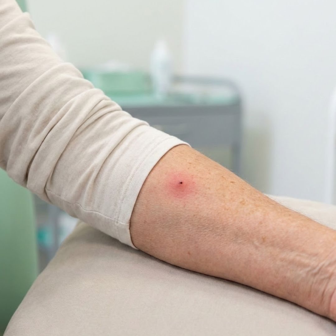 Fästingbett – symtom – Närbild av underarm: liten röd fläck med mörk punkt i centrum; mild rodnad runt märket. Bild genererad av AI