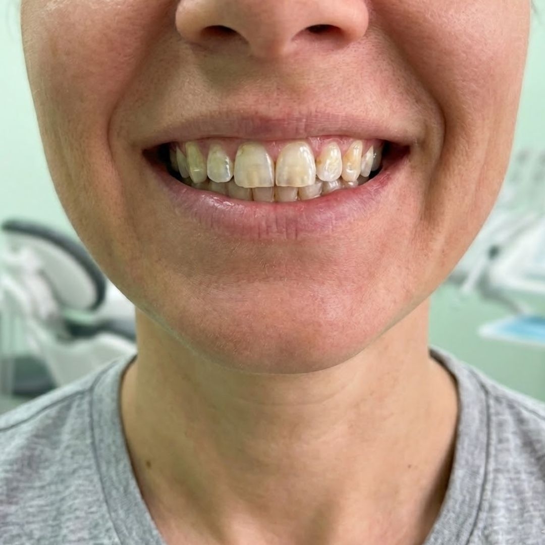 Enamel damage symptoms – close-up of the upper front teeth of pale chalk-white spots and a thin, worn edge. Image generated by AI