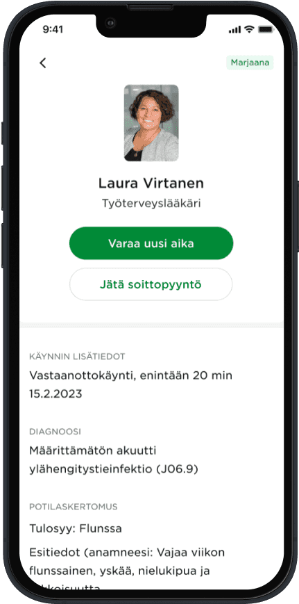 Kuva oma mehiläinen sovelluksesta, ajanvaraus