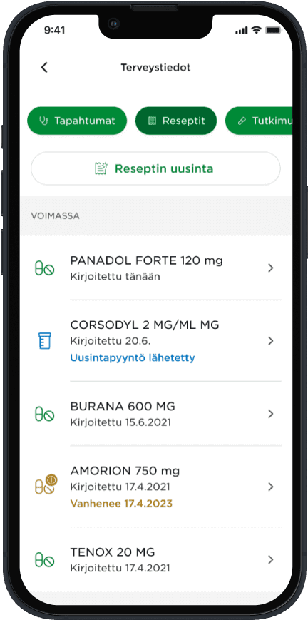 Picture of the OmaMehiläinen app, prescriptions